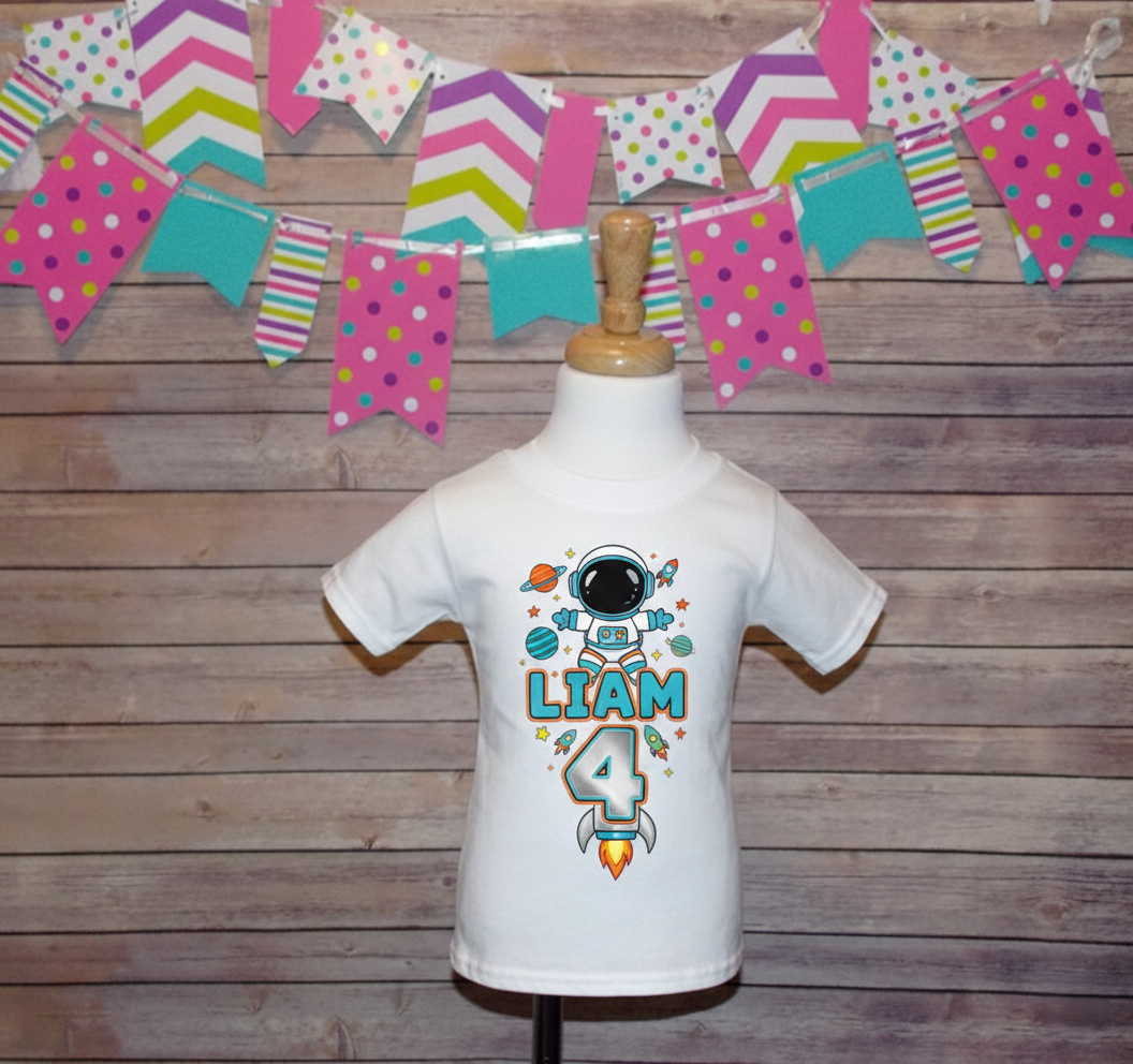 Cool Birthday Astronaut Custom Name Personalized Birthday White T-Shirt or Baby Onesie - All Sizes