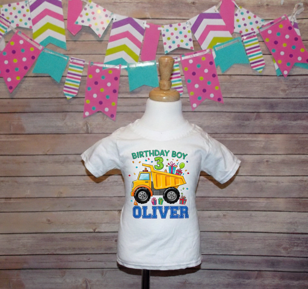 Cool Birthday Dump Truck Custom Name Personalized Birthday White T-Shirt or Baby Onesie - All Sizes